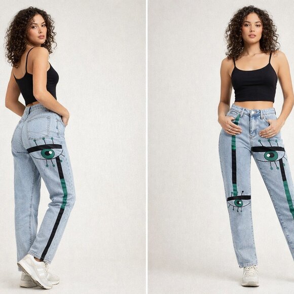 AKIRA Graphic Eye Print Jeans | High-Waisted Statement Denim - Picture 2 of 3